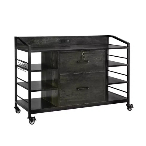 VEVOR 2 Drawers Metal File Cabinet, Lateral Filing Cabinet with Lock and 6 Open Shelves, Wooden Wide Filing Storage Cabinets with Power Strip, Gray