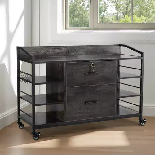2 Drawers Metal File Cabinet, Lateral Filing Cabinet with Lock and 6 Open Shelves, Wooden Wide Filing Storage Cabinets with Power Strip, Gray