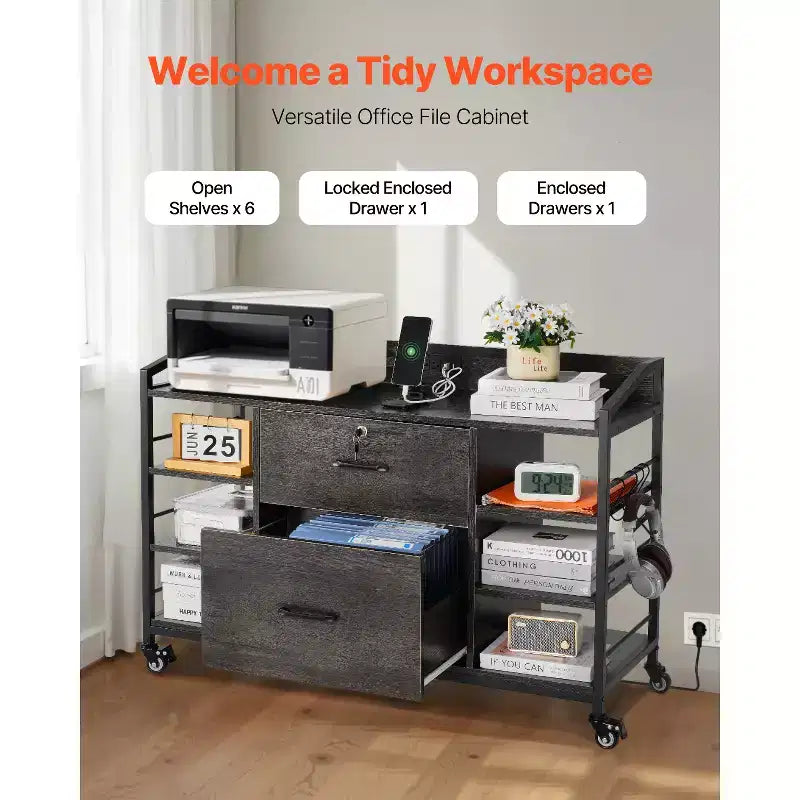 2 Drawers Metal File Cabinet, Lateral Filing Cabinet with Lock and 6 Open Shelves, Wooden Wide Filing Storage Cabinets with Power Strip, Gray