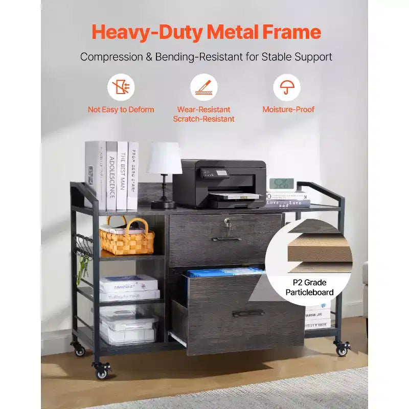 2 Drawers Metal File Cabinet, Lateral Filing Cabinet with Lock and 6 Open Shelves, Wooden Wide Filing Storage Cabinets with Power Strip, Gray