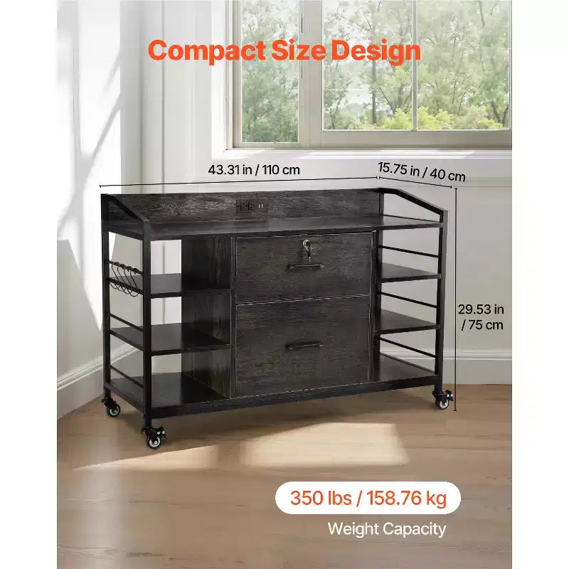2 Drawers Metal File Cabinet, Lateral Filing Cabinet with Lock and 6 Open Shelves, Wooden Wide Filing Storage Cabinets with Power Strip, Gray