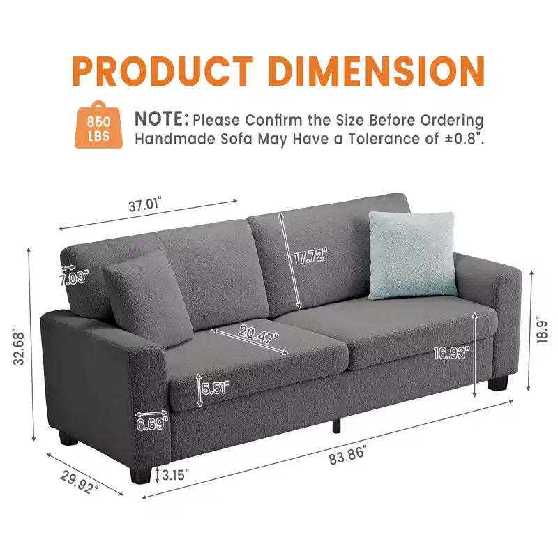 83 Inch Modern Sofa, 3 Seat Couch With Wide Armrests, Deep Seat Couch, Comfy Upholstered Sofa for Living Room, Bedroom, Office