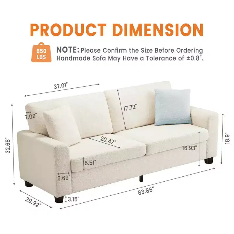 83 Inch Modern Sofa, 3 Seat Couch With Wide Armrests, Deep Seat Couch, Comfy Upholstered Sofa for Living Room, Bedroom, Office