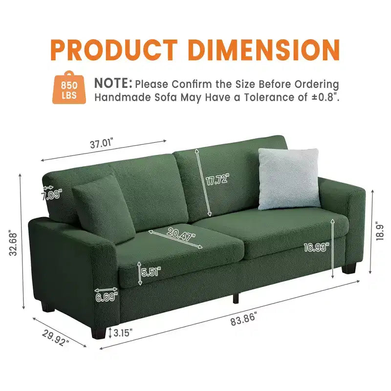 83 Inch Modern Sofa, 3 Seat Couch With Wide Armrests, Deep Seat Couch, Comfy Upholstered Sofa for Living Room, Bedroom, Office