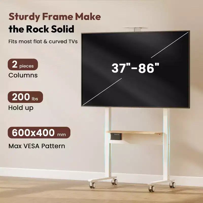 Portable Floor TV Stand on Wheels for 37-86 TVs up to 154lbs, Adjustable Height Rolling TV Cart with Remote & Touch Control
