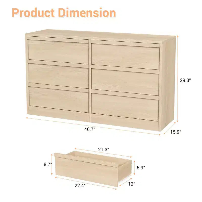 6 Drawer Dresser with Large Storage , Natural Oak 6 Chest of Drawers for Bedroom, Wooden Dresser Organizer for Living Room, Entryway