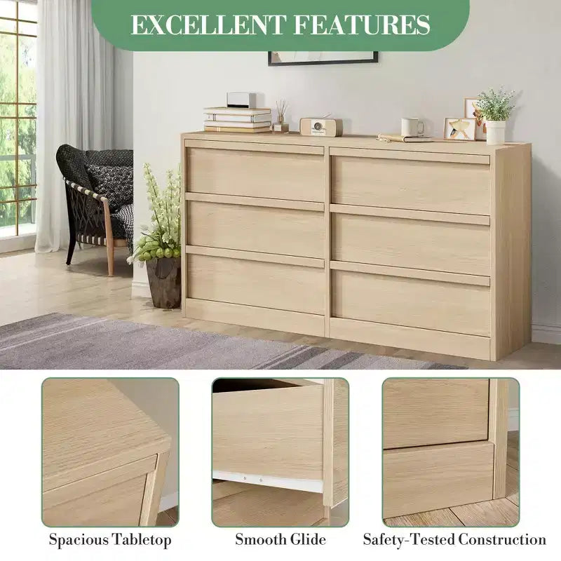 6 Drawer Dresser with Large Storage , Natural Oak 6 Chest of Drawers for Bedroom, Wooden Dresser Organizer for Living Room, Entryway