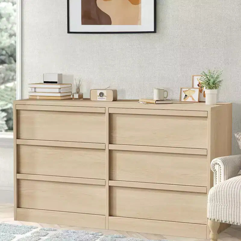 6 Drawer Dresser with Large Storage , Natural Oak 6 Chest of Drawers for Bedroom, Wooden Dresser Organizer for Living Room, Entryway