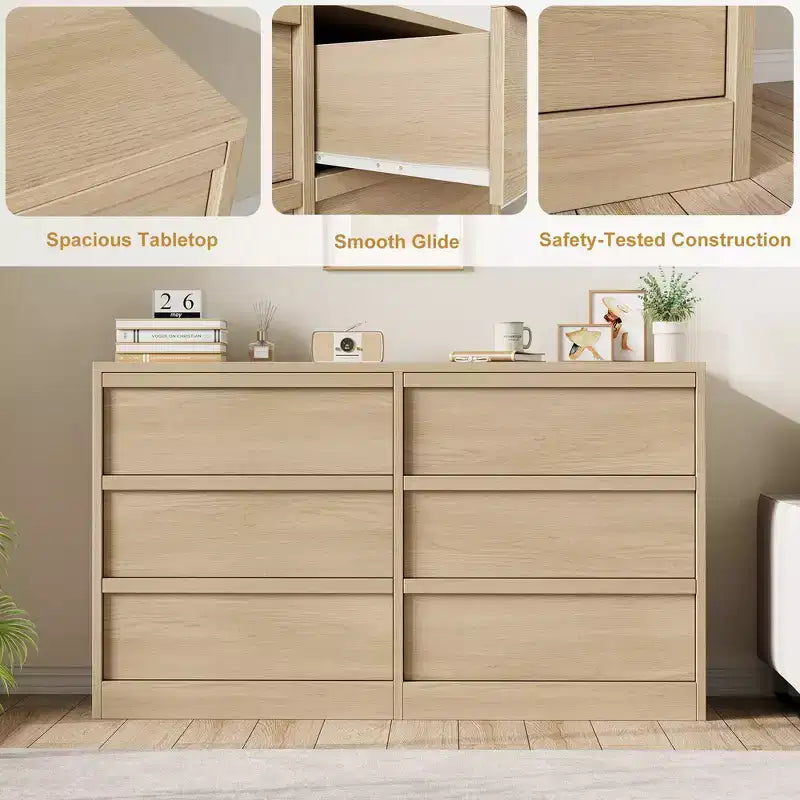 6 Drawer Dresser with Large Storage , Natural Oak 6 Chest of Drawers for Bedroom, Wooden Dresser Organizer for Living Room, Entryway