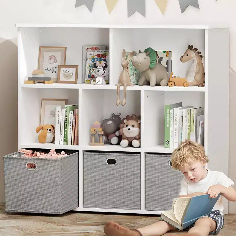 Kids Bookshelf & Toy Storage Organizer - Solid Wood, 3-Tier Rack, 5 Cubbies & 3 Drawers