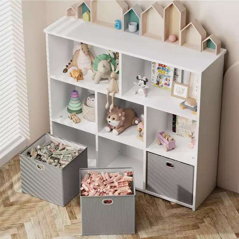 Kids Bookshelf & Toy Storage Organizer - Solid Wood, 3-Tier Rack, 5 Cubbies & 3 Drawers