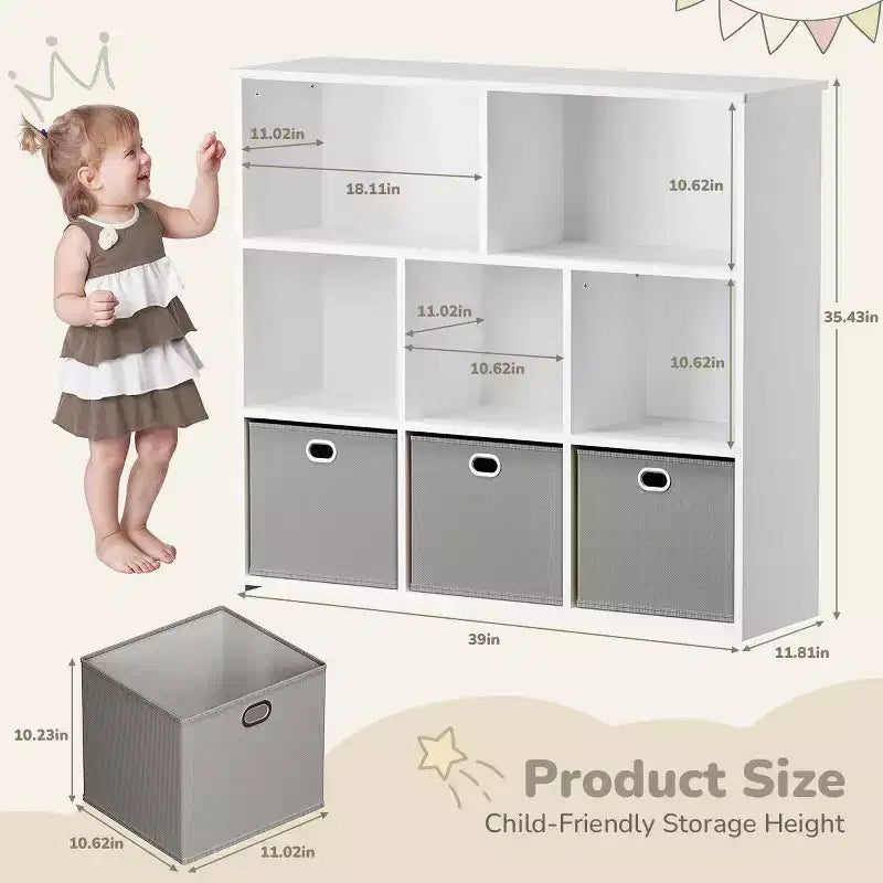 Kids Bookshelf & Toy Storage Organizer - Solid Wood, 3-Tier Rack, 5 Cubbies & 3 Drawers
