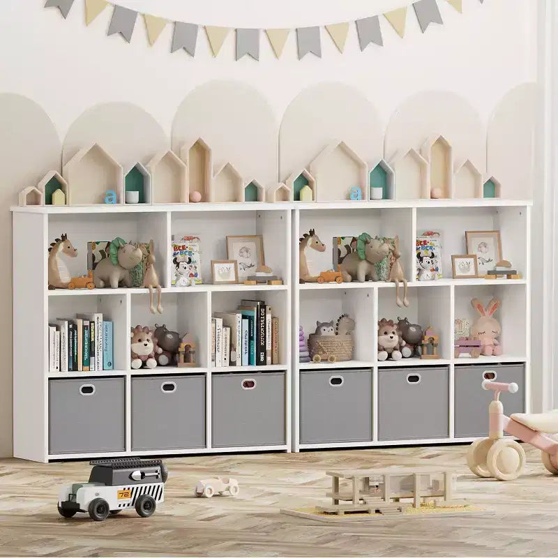 Kids Bookshelf & Toy Storage Organizer - Solid Wood, 3-Tier Rack, 5 Cubbies & 3 Drawers