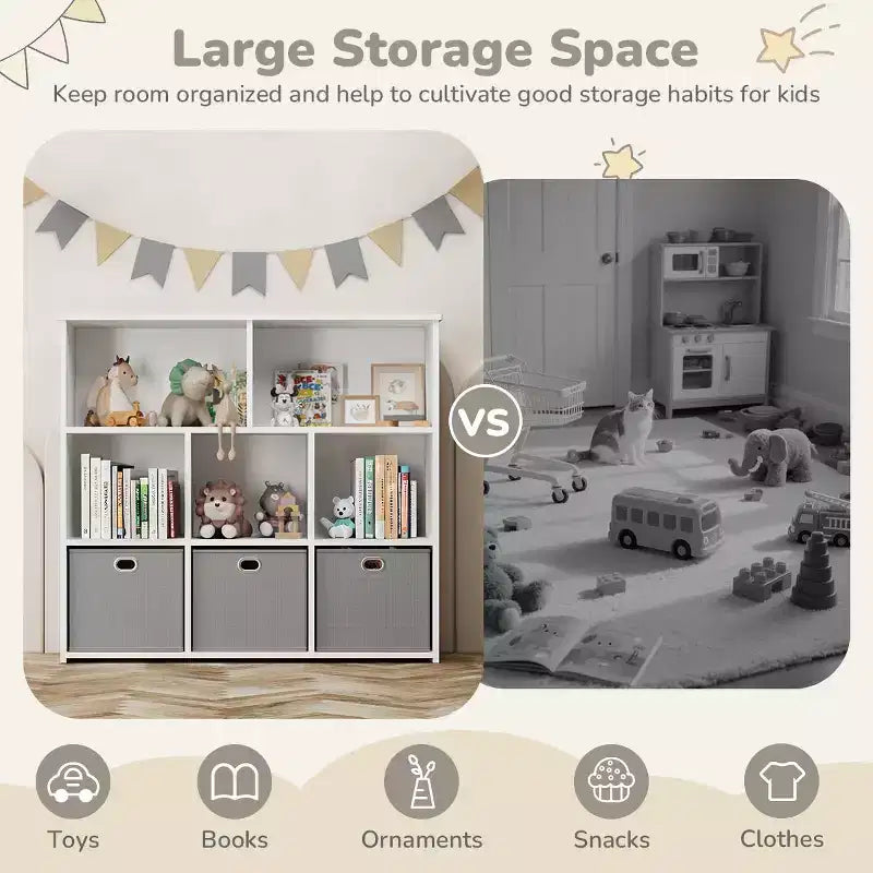 Kids Bookshelf & Toy Storage Organizer - Solid Wood, 3-Tier Rack, 5 Cubbies & 3 Drawers
