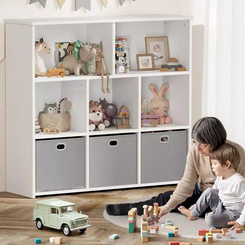 Kids Bookshelf & Toy Storage Organizer - Solid Wood, 3-Tier Rack, 5 Cubbies & 3 Drawers