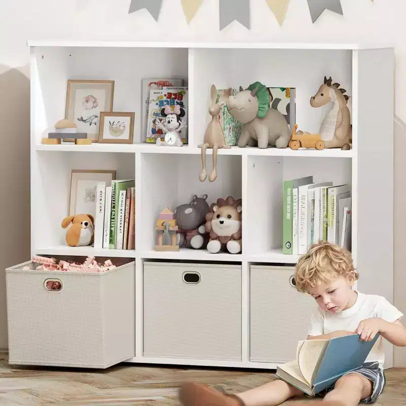 Kids Bookshelf & Toy Storage Organizer - Solid Wood, 3-Tier Rack, 5 Cubbies & 3 Drawers