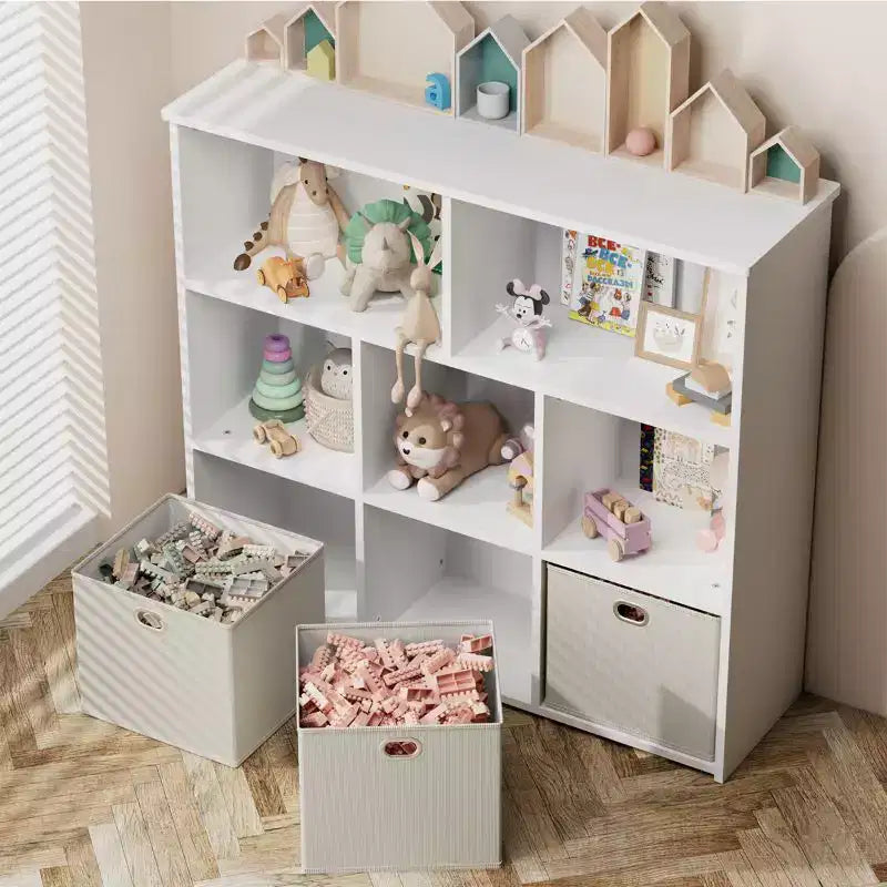 Kids Bookshelf & Toy Storage Organizer - Solid Wood, 3-Tier Rack, 5 Cubbies & 3 Drawers