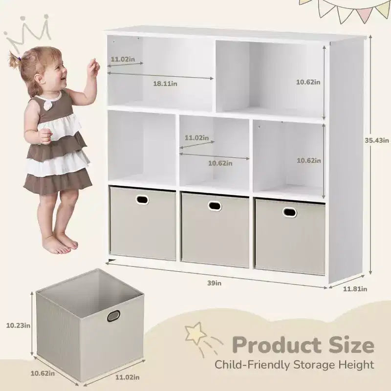 Kids Bookshelf & Toy Storage Organizer - Solid Wood, 3-Tier Rack, 5 Cubbies & 3 Drawers