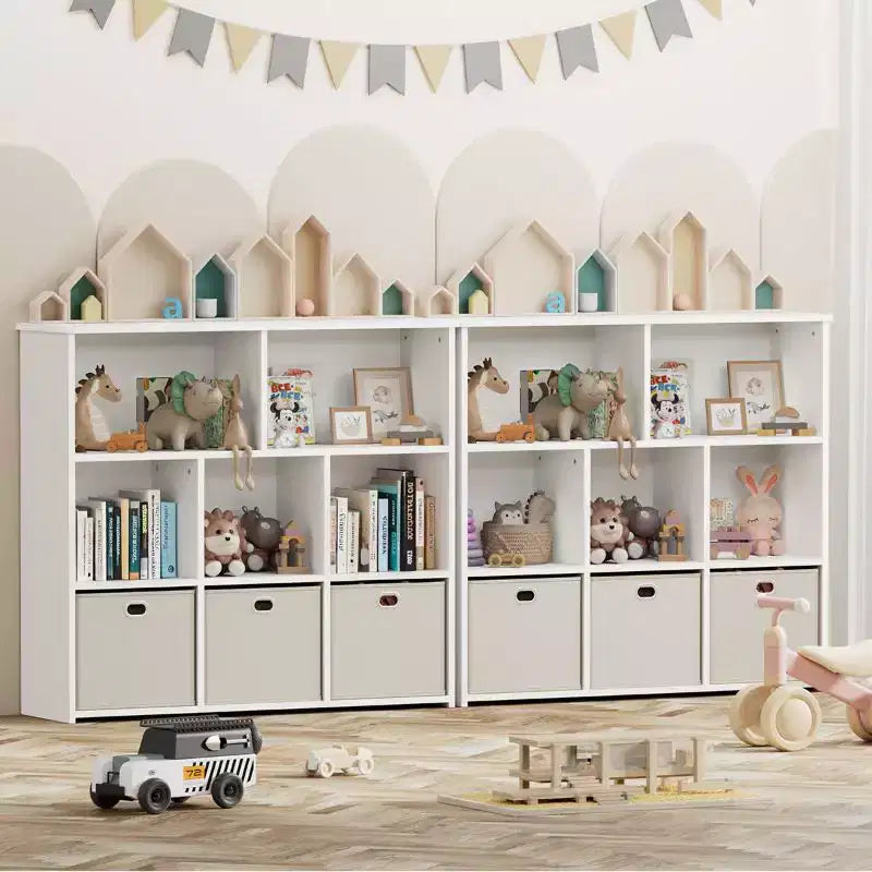 Kids Bookshelf & Toy Storage Organizer - Solid Wood, 3-Tier Rack, 5 Cubbies & 3 Drawers