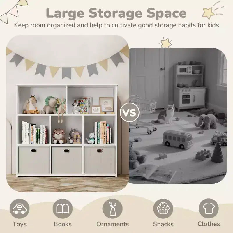 Kids Bookshelf & Toy Storage Organizer - Solid Wood, 3-Tier Rack, 5 Cubbies & 3 Drawers