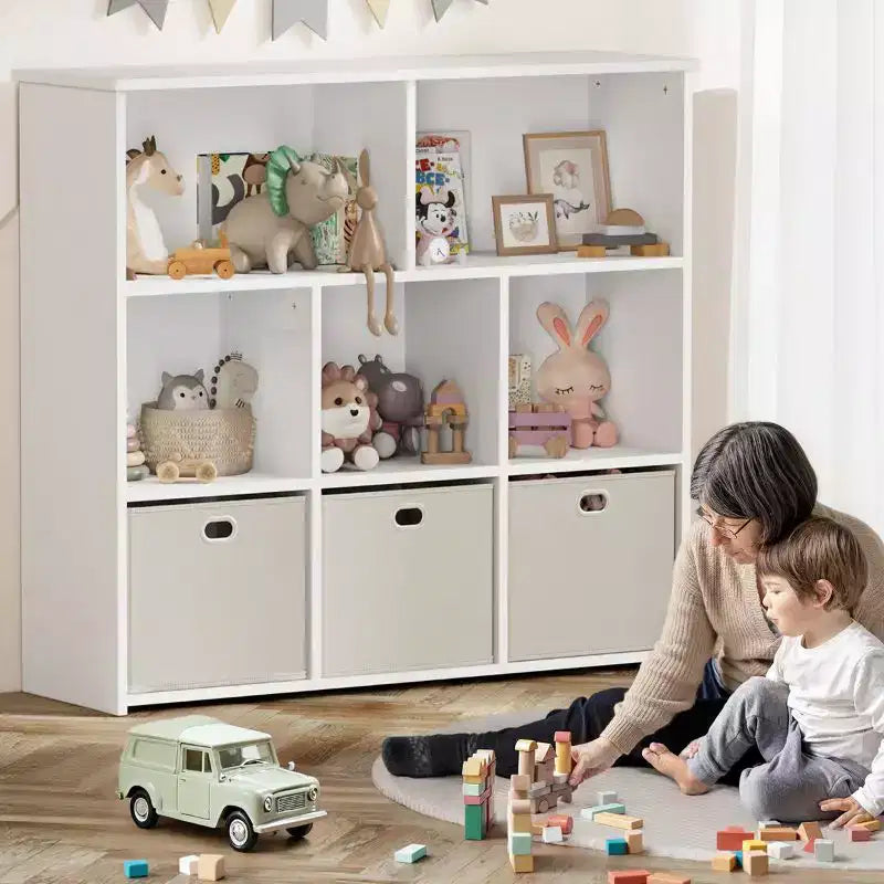 Kids Bookshelf & Toy Storage Organizer - Solid Wood, 3-Tier Rack, 5 Cubbies & 3 Drawers