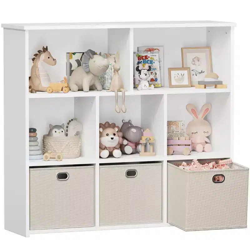 Kids Bookshelf & Toy Storage Organizer - Solid Wood, 3-Tier Rack, 5 Cubbies & 3 Drawers