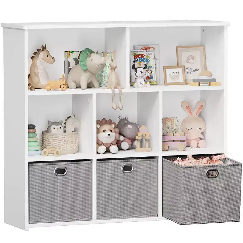 GOTGELIF Kids Bookshelf & Toy Storage Organizer - Solid Wood, 3-Tier Rack, 5 Cubbies & 3 Drawers