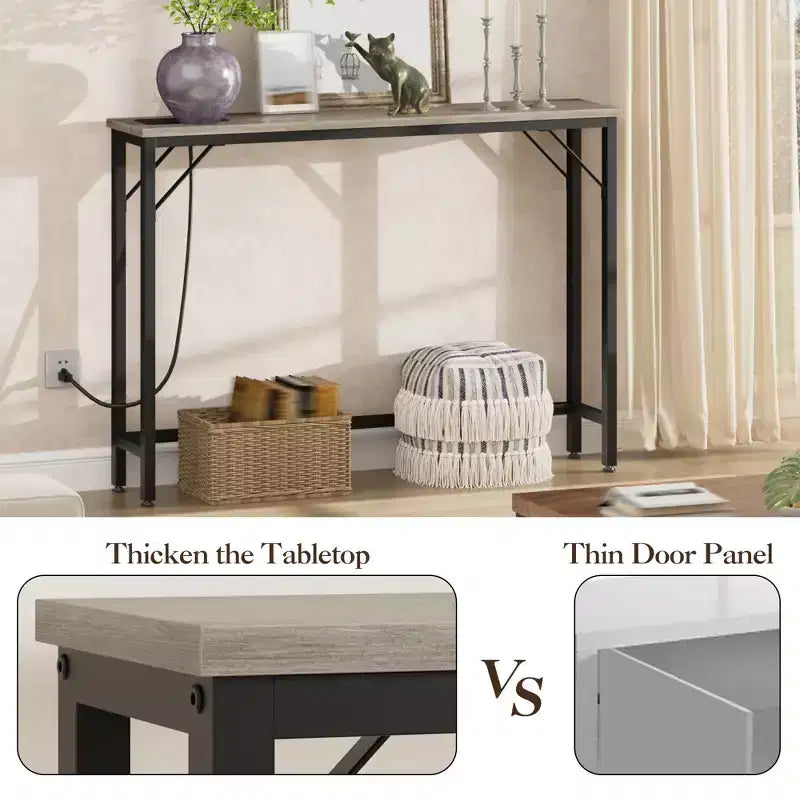 9.1 Narrow Console Table with Outlets, Behind Couch Table Sofa Table with Metal & MDF