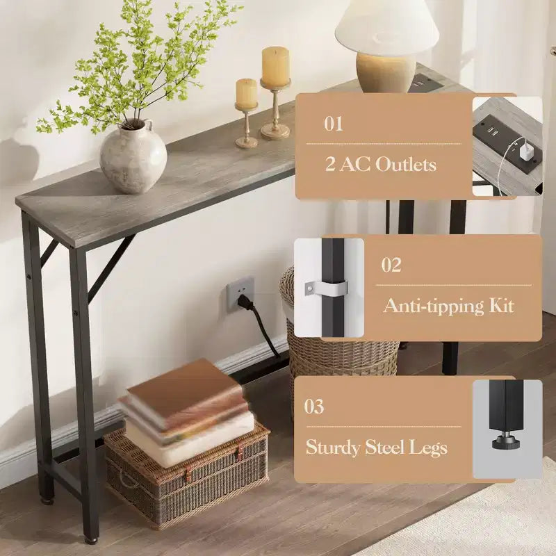 9.1 Narrow Console Table with Outlets, Behind Couch Table Sofa Table with Metal & MDF