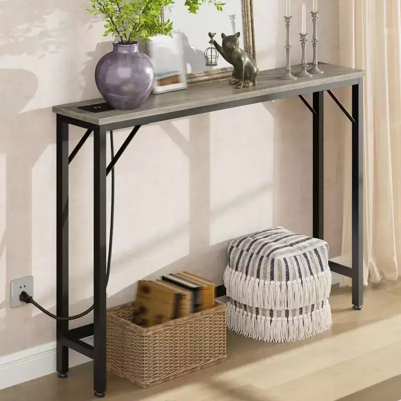 9.1 Narrow Console Table with Outlets, Behind Couch Table Sofa Table with Metal & MDF
