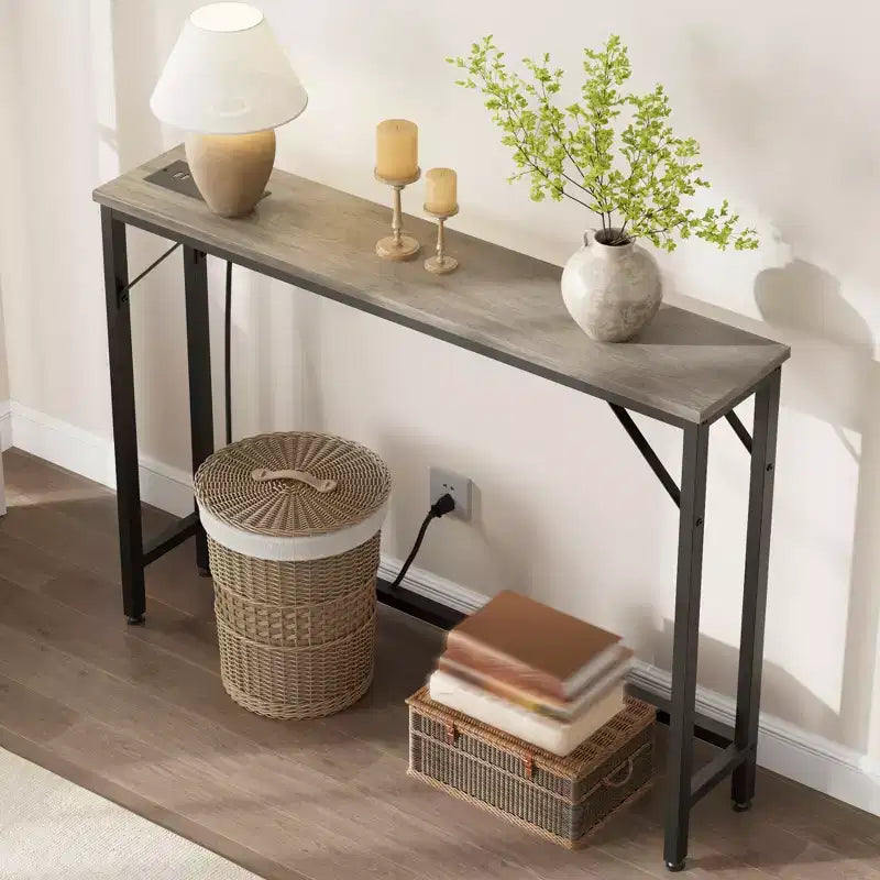9.1 Narrow Console Table with Outlets, Behind Couch Table Sofa Table with Metal & MDF