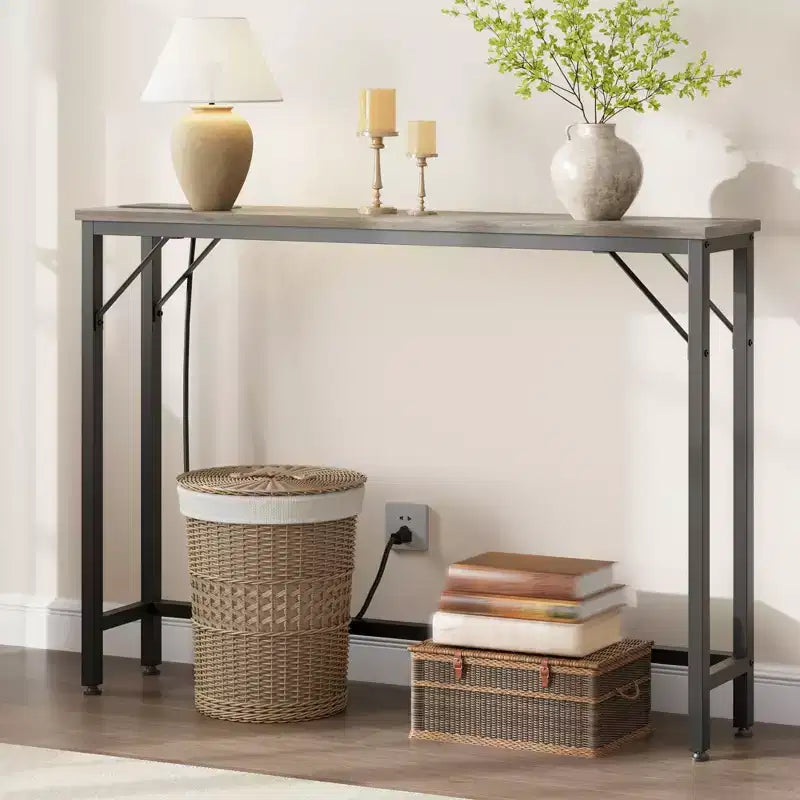 9.1 Narrow Console Table with Outlets, Behind Couch Table Sofa Table with Metal & MDF