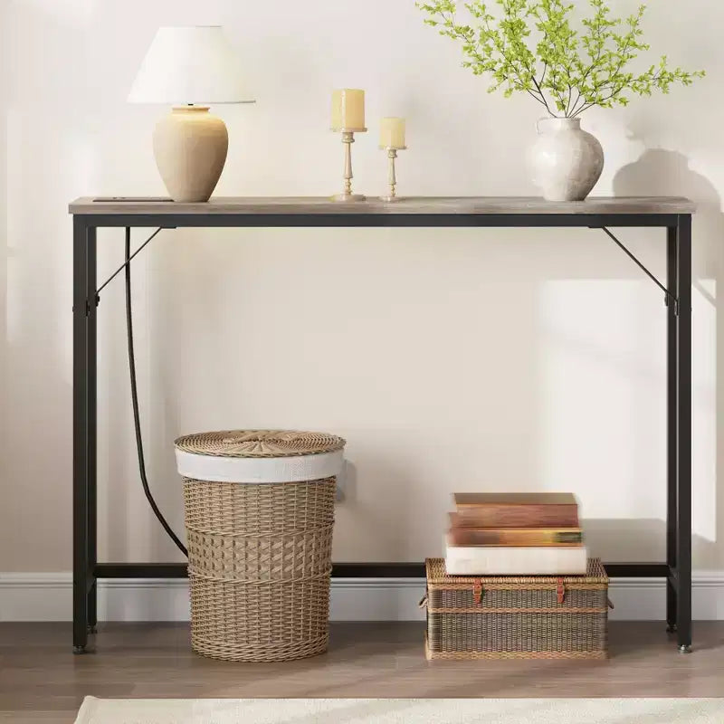 9.1 Narrow Console Table with Outlets, Behind Couch Table Sofa Table with Metal & MDF