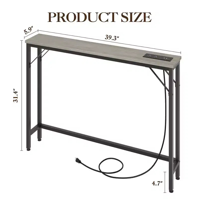 9.1 Narrow Console Table with Outlets, Behind Couch Table Sofa Table with Metal & MDF