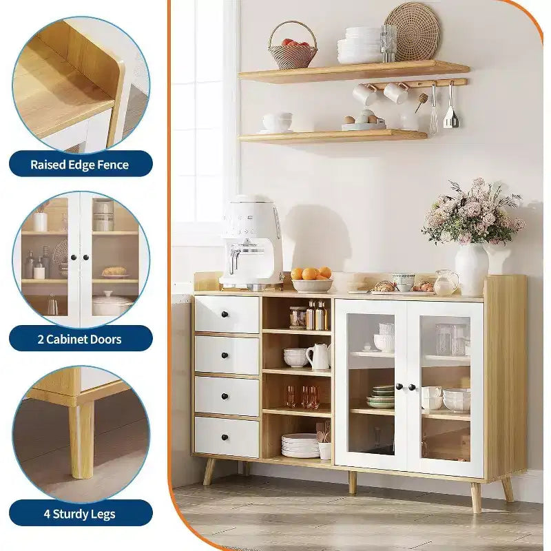 Farmhouse Buffet Cabinet - 2 Glass Door Storage Sideboard with Adjustable Shelves for Dining Room