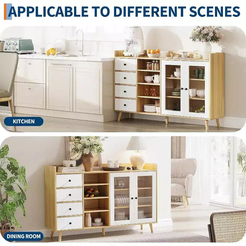 Farmhouse Buffet Cabinet - 2 Glass Door Storage Sideboard with Adjustable Shelves for Dining Room