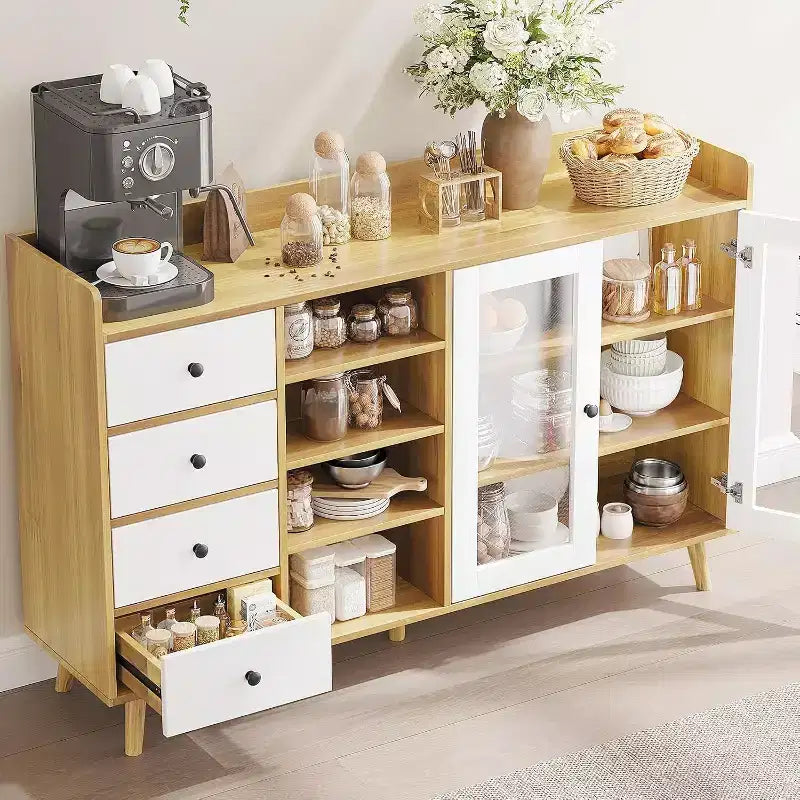 Farmhouse Buffet Cabinet - 2 Glass Door Storage Sideboard with Adjustable Shelves for Dining Room
