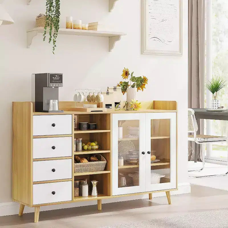 Farmhouse Buffet Cabinet - 2 Glass Door Storage Sideboard with Adjustable Shelves for Dining Room