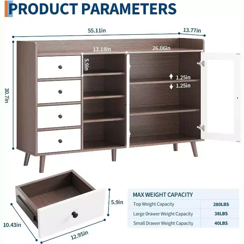 Farmhouse Buffet Cabinet - 2 Glass Door Storage Sideboard with Adjustable Shelves for Dining Room