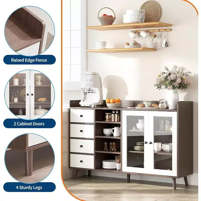 Farmhouse Buffet Cabinet - 2 Glass Door Storage Sideboard with Adjustable Shelves for Dining Room