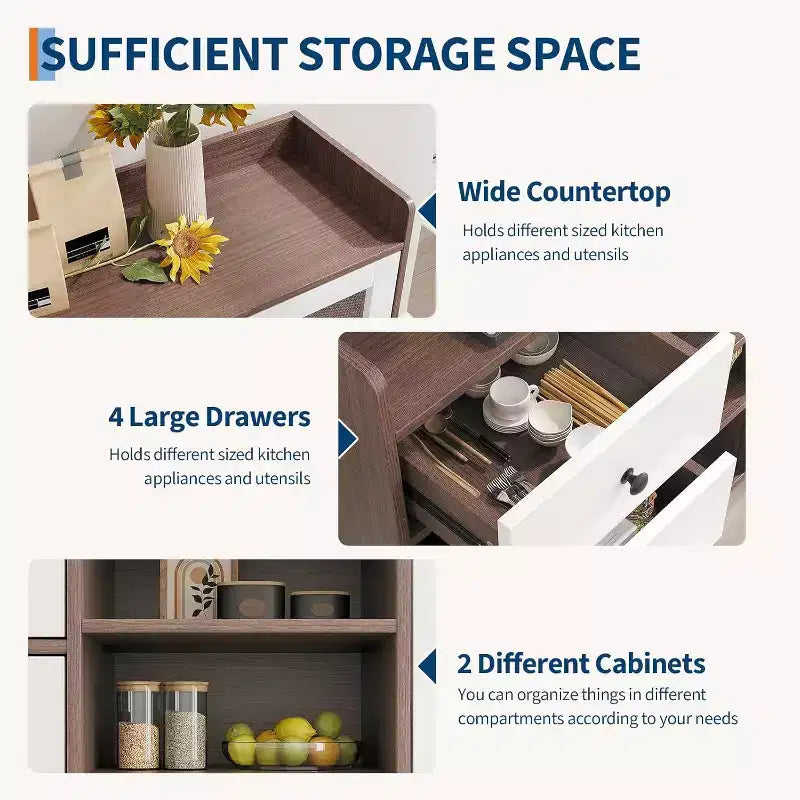 Farmhouse Buffet Cabinet - 2 Glass Door Storage Sideboard with Adjustable Shelves for Dining Room