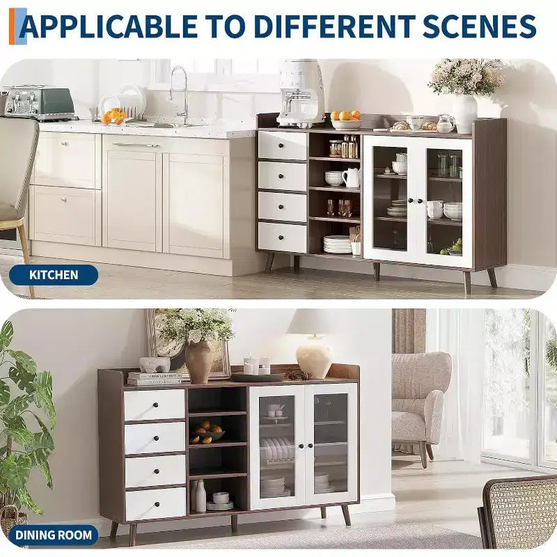 Farmhouse Buffet Cabinet - 2 Glass Door Storage Sideboard with Adjustable Shelves for Dining Room