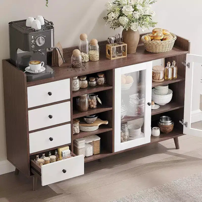 Farmhouse Buffet Cabinet - 2 Glass Door Storage Sideboard with Adjustable Shelves for Dining Room