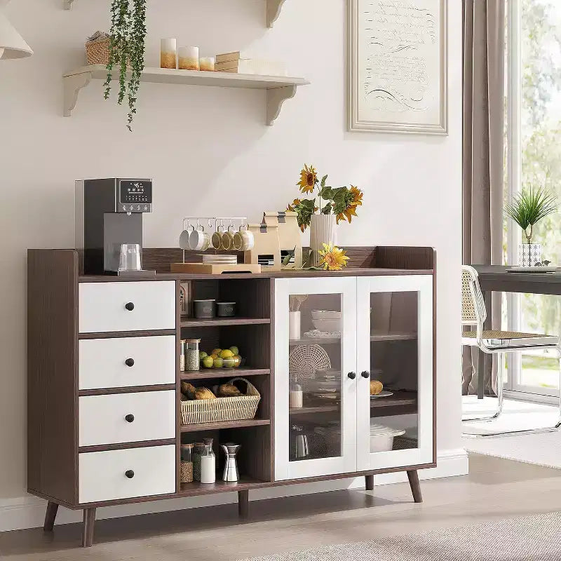 Farmhouse Buffet Cabinet - 2 Glass Door Storage Sideboard with Adjustable Shelves for Dining Room