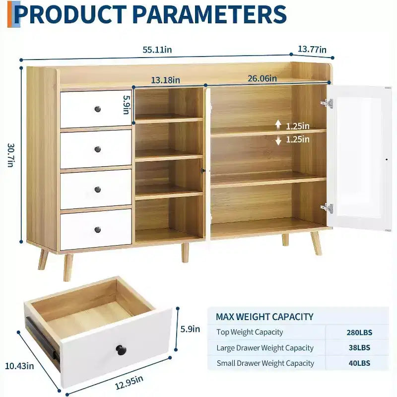 Farmhouse Buffet Cabinet - 2 Glass Door Storage Sideboard with Adjustable Shelves for Dining Room
