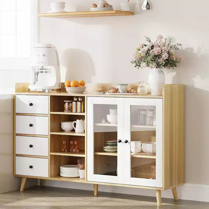 Farmhouse Buffet Cabinet - 2 Glass Door Storage Sideboard with Adjustable Shelves for Dining Room