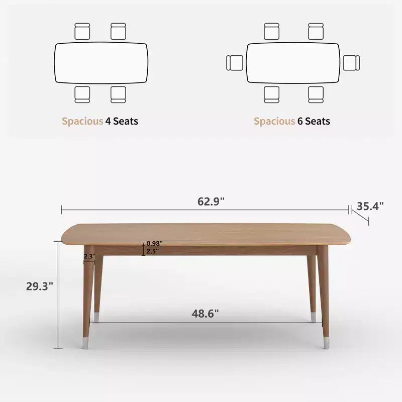 62.9 Mid-Century Modern Wood Dining Table - Rectangular Kitchen Table with Rounded Corners and Metal-Tipped Tapered Legs - Seats 4 to 6