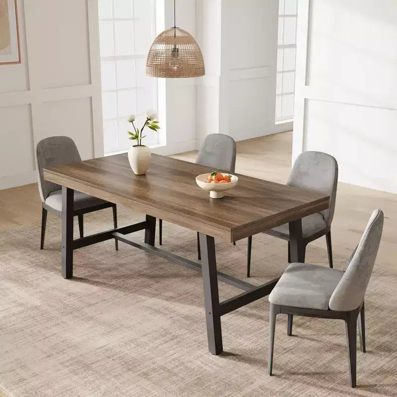 Rustic Wood 63 Large Long Dining Table for 6, Industrial Rectangle Kitchen Table with Sturdy Black Metal Legs for Living Room and Dining Room