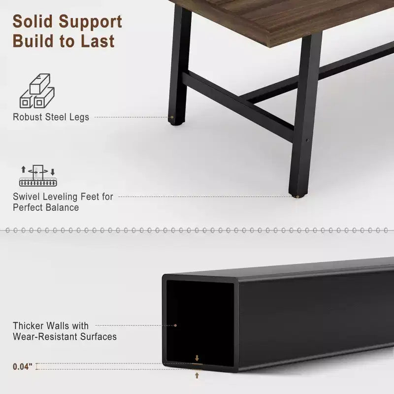 Rustic Wood 63 Large Long Dining Table for 6, Industrial Rectangle Kitchen Table with Sturdy Black Metal Legs for Living Room and Dining Room