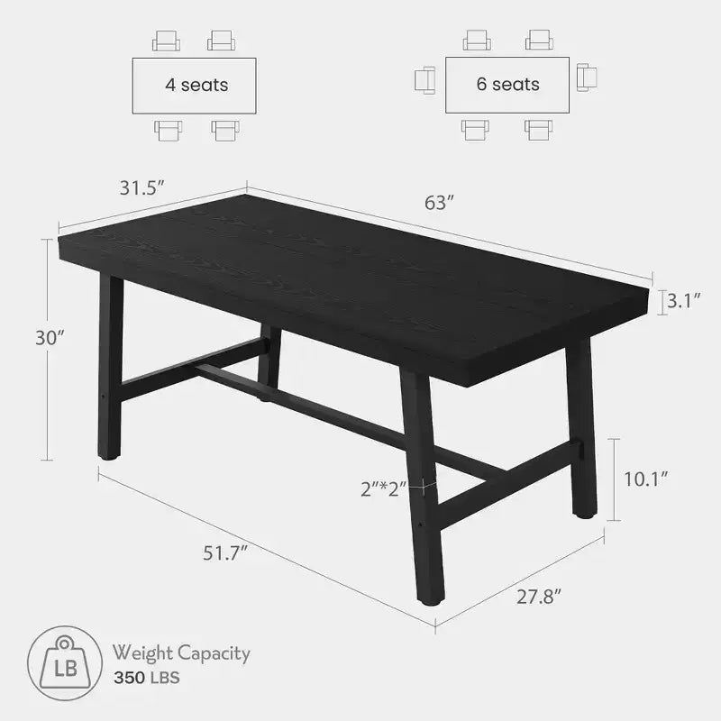 Rustic Wood 63 Large Long Dining Table for 6, Industrial Rectangle Kitchen Table with Sturdy Black Metal Legs for Living Room and Dining Room
